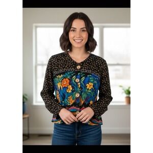 CLIO Women'sMulticolor Mixed Geo Floral Print V-Neck Blouse  Medium Casual